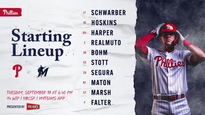 Philadelphia Phillies starting lineup for September 13 at Marlins at 6:40 PM Left field: Kyle Schwarber First base: Rhys Hoskins Designated hitter: Bryce Harper Catcher: J.T. Realmuto Third base: Alec Bohm Shortstop: Bryson Stott Second base: Jean Segura Right field: Nick Maton Center field: Brandon Marsh Pitcher: Bailey Falter 