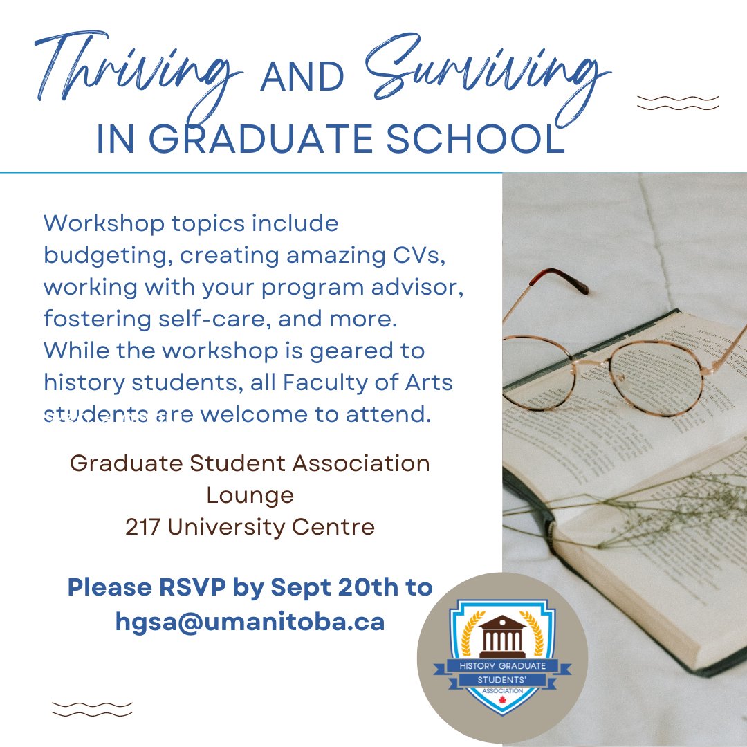 umhgsa's tweet photo. Want to survive Graduate School? Want to thrive?

Attend HGSA's Thriving and Surviving in Graduate School Workshop, September 21st from 2:30-6:00pm. Learn from graduate students and faculty how to enhance your graduate experience.

RSVP by September 20th to ensure your spot! https://t.co/0TxbFLYfbB