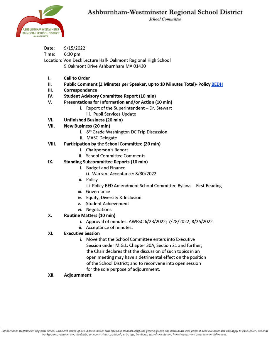 School Committee Meeting 9/15/2022 - The AWRSD School Committee will meet 9/15/2022 at 6:30pm in Von Deck Lecture Hall in Oakmont Regional High School. edl.io/n1656856