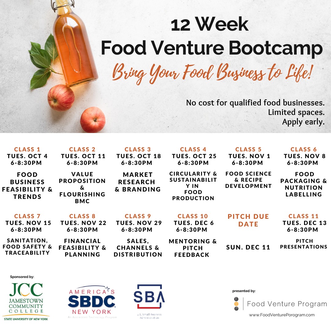 Bring your food business to life! Join the 12 Week Food Venture Bootcamp hosted by the NYS Small Business Development Center at JCC. 
#Agriculture #FoodBusiness #FarmToTable #ChautauquaCounty #CHQ #LocalFood #WNY #foodprocessing #entrepreneur Apply TODAY: form.jotform.com/222333991962058