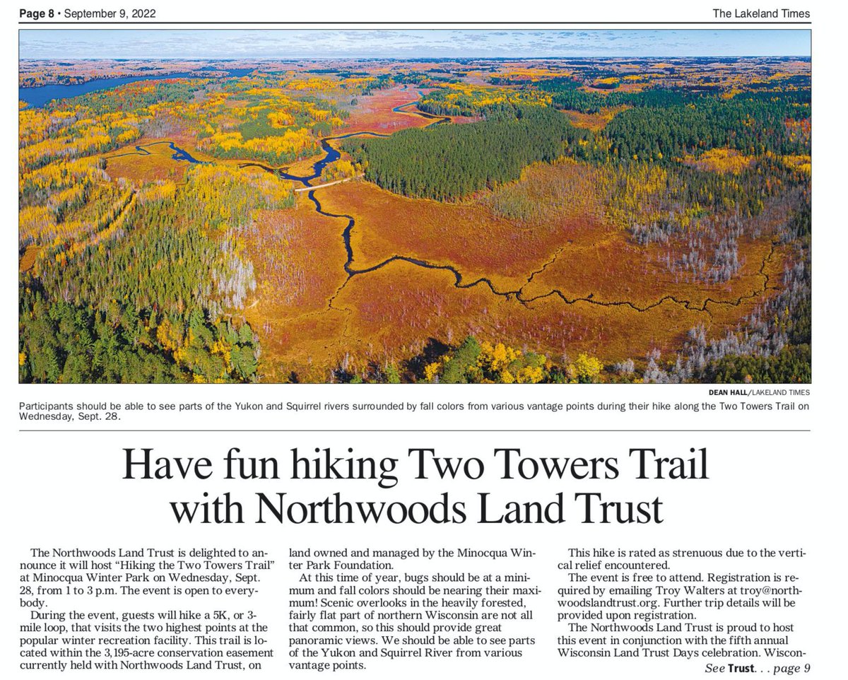 Northwoods Land Trust invites you to #HaveFunOutside at Minocqua Winter Park during the Wisconsin Land Trust Days!
Join us for the Two Towers Trail hike on Sept 28th from 1 to 3 pm!
The 5km loop outlined in The Lakeland Times article would be a great way to spend time outdoors!