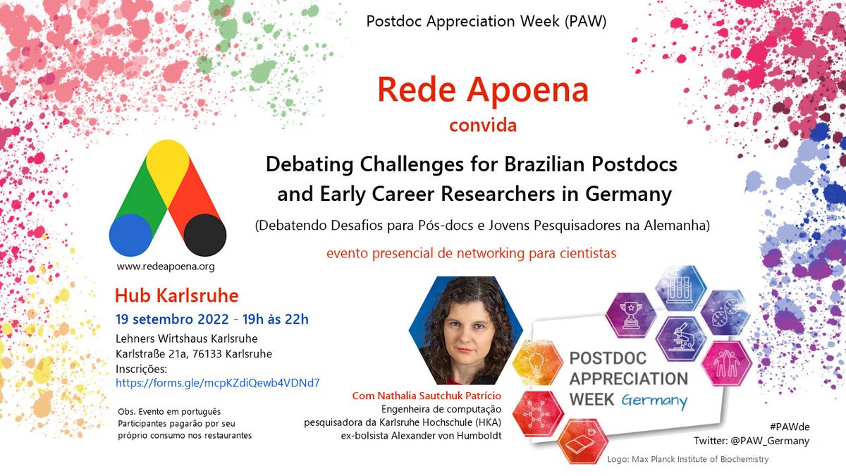 RedeApoena's tweet photo. É hoje:
"Debating Challenges for Brazilian #Postdocs &amp; #ECRs in Germany"

19.09, 19h-22h, Lehners Wirtshaus #Karlsruhe 
Com @nathysautchuk - pesquisadora assistente na @HKAnews e ex-bolsista @AvHStiftung
 
Inscrição grátis: 
https://t.co/5fREv2jQxa
#PAWde @PAW_Germany #RedeApoena https://t.co/OPMoqR07Sj