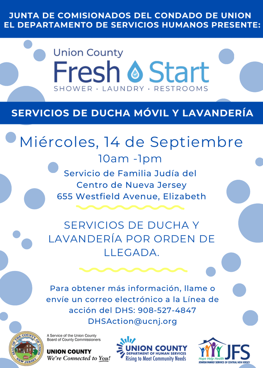 EPLNJ's tweet image. Union County FRESH START
Jewish Family Services de Centro de New Jersey
655 Westfield Avenue, Elizabeth
Miércoles 14 de septiembre
de 10:00 a 13:00 para DUCHA Y LAVANDERÍA
SERVICIOS POR ORDEN DE LLEGADA
Para obtener más info, llame/envíe un correo
908-527-4847
DHSAction@ucnj.org
