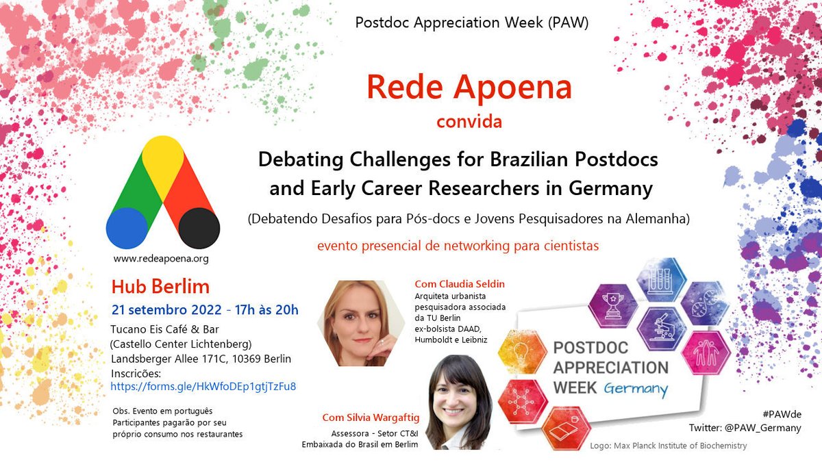 RedeApoena's tweet photo. É hoje:
"Debating Challenges for Brazilian #Postdocs &amp; #ECRs in Germany"

21.09, 17h-20h, Tucano Eis Café #Berlim
C/ @ClaudiaSeldin (@cms_tu_berlin @thehertieschool) e @NouguesSilvia (Embaixada do Brasil)

Inscrição grátis: 
https://t.co/m2w7JkCmKg
#PAWde @PAW_Germany #RedeApoena https://t.co/REJnIGnM1w