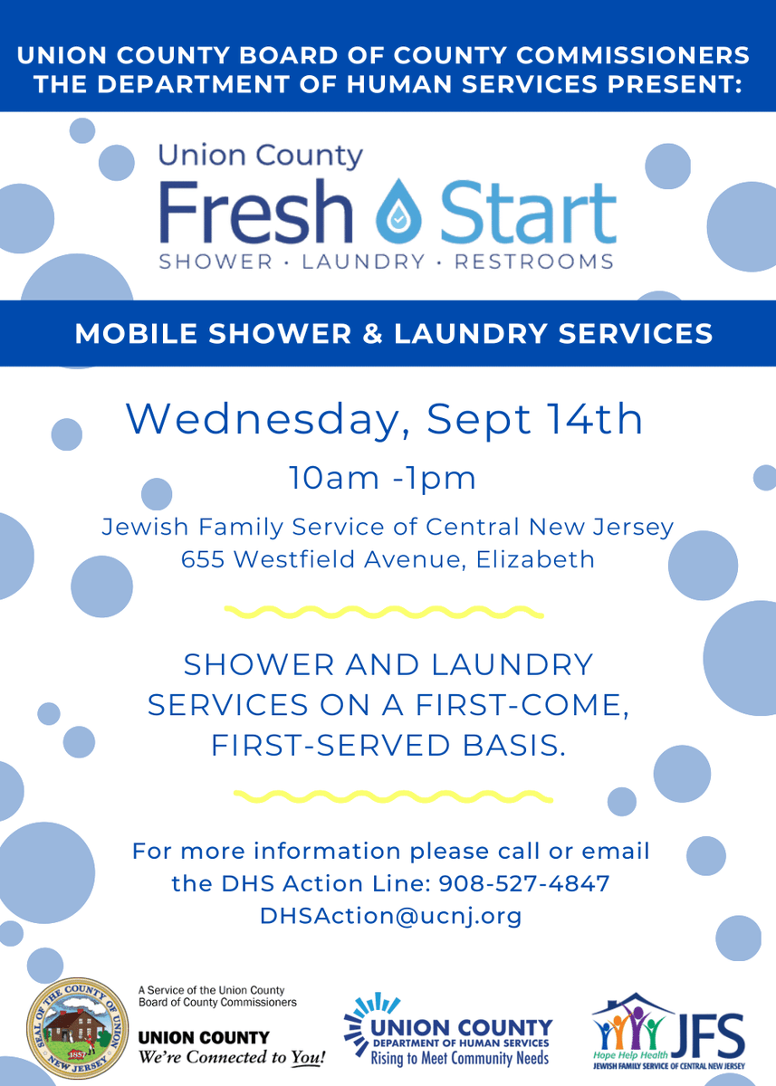 EPLNJ's tweet image. Union County FRESH START
Jewish Family Service of Central New Jersey
655 Westfield Avenue, Elizabeth
ON Wednesday, Sept 14th
at 10am -1pm for SHOWER AND LAUNDRY
SERVICES ON FIRST-COME FIRST-SERVED BASIS.
For information call/email
DHS Action Line: 908-527-4847
DHSAction@ucnj.org