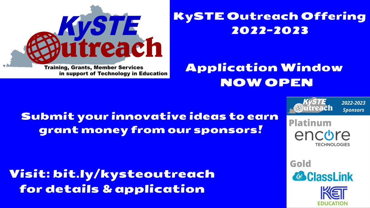 KySTE Outreach - Kentucky Society for Technology in Education bit.ly/kysteoutreach Applications for KySTE Outreach Grant for 2022-2023 is NOW open. Submit your innovative ideas to earn grant money from our sponsors: Encore Technologies, <a href="/ClassLink/">ClassLink</a>, <a href="/EducationKET/">KET Education</a>  #KySTE2023