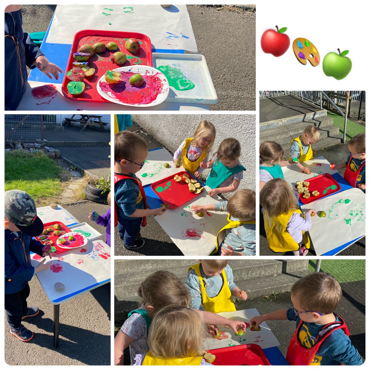 murrayfieldlc's tweet photo. It’s so busy in ELC it can’t possibly only be Tuesday! Apple printing w bruised fallen apples from our tree Dino washing, no one likes a smelly Dino! Intense levels of engagement in play, not even noticing sneaky 📷 Exploring the new water/ball gutter wall. Phew! #sneakylearning https://t.co/QpoS6b3kjp