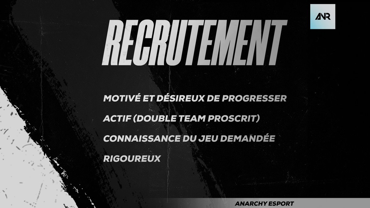 🔥 Anarchy recrute pour son roster Hopes 🔥

⬇️Critères de recrutement ci-joints

🔗Serveur Tryout discord.gg/uwmTNXmzJ8

#ForzAnarchy ⚪️⚫️
