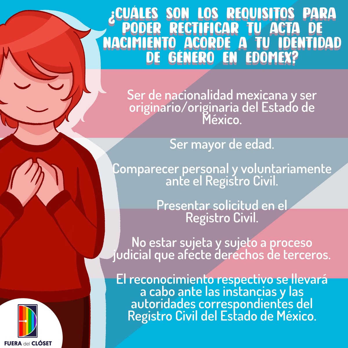 FueraCloset_AC's tweet photo. Si eres una personas trans, eres del Estado de México y quieres obtener la rectificación de tu acta de nacimiento donde se reconozca su identidad de género, te dejamos esta información con los pasos y los documentos a seguir. 🏳️‍⚧️✍️ https://t.co/fdy2qwnN5M