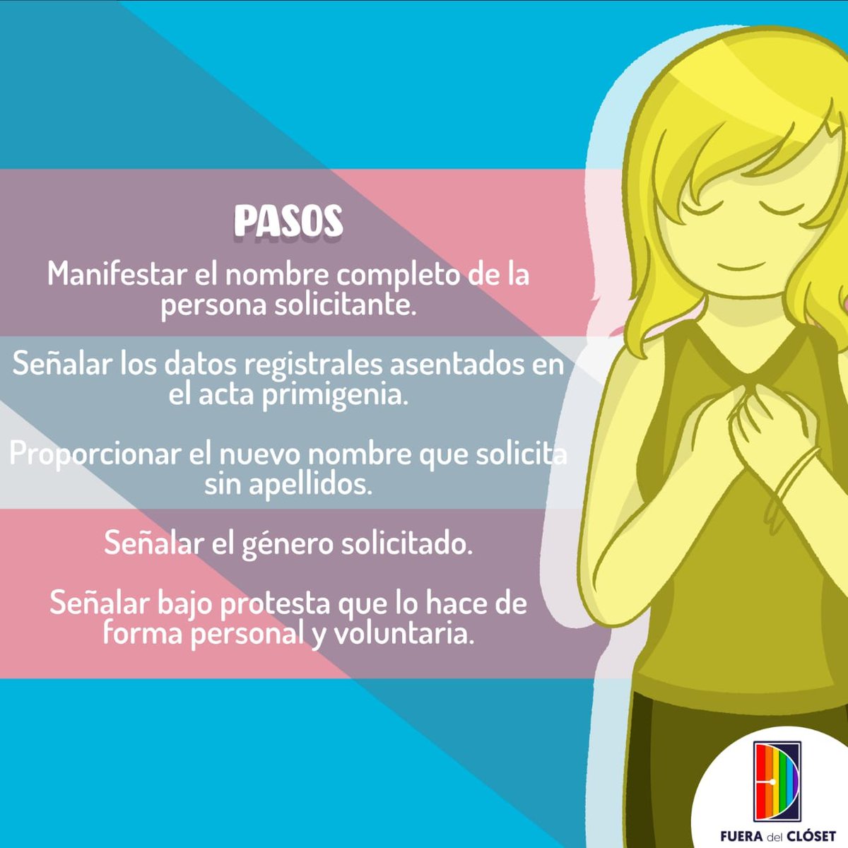 FueraCloset_AC's tweet photo. Si eres una personas trans, eres del Estado de México y quieres obtener la rectificación de tu acta de nacimiento donde se reconozca su identidad de género, te dejamos esta información con los pasos y los documentos a seguir. 🏳️‍⚧️✍️ https://t.co/fdy2qwnN5M