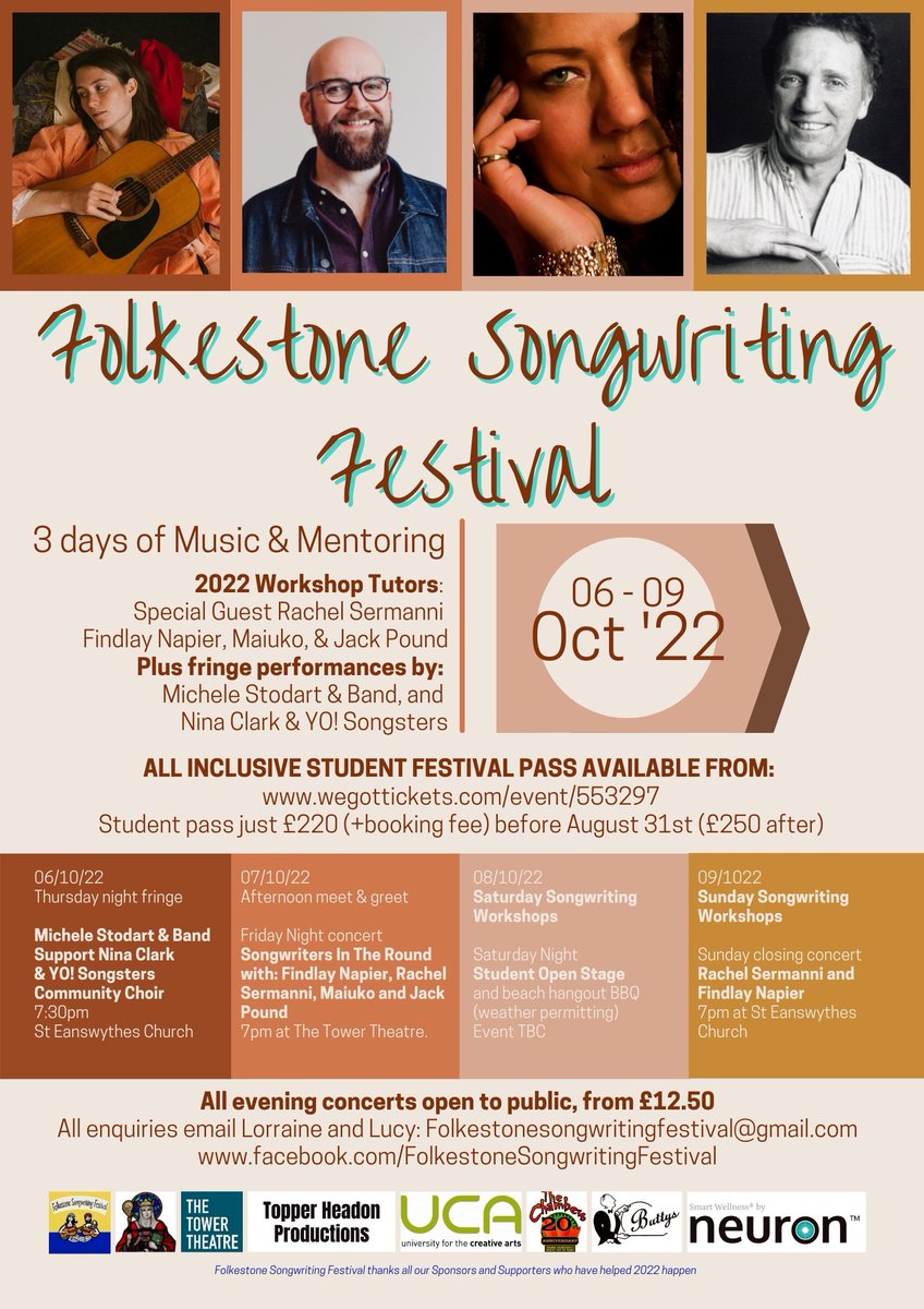 FstoneSongWFest's tweet photo. #FolkestoneSongwritingFestival IS BACK!!
3 days of #LiveMusic #Songwriting #inspiration &amp; #connection. 2 days of workshops, with @FindlayNapier @RachelSermanni #Maiuko &amp; #JackPound! Plus performances from @MicheleStodart &amp; @ninaclarkmusic 
TICKETS 
👉https://t.co/3urqtIPpQJ 👈 https://t.co/MNHMEIHzRW