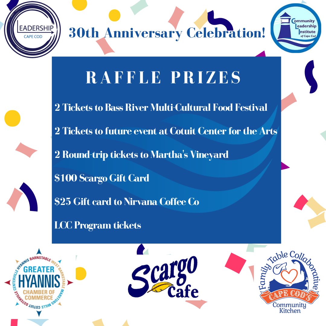 CapeCodLeaders's tweet image. In addition to the 50/50 raffle, we have some fantastic other prizes to give away for those who purchase raffle tickets! Thank you the Family Table Collaborative, Scargo Cafe, Greater Hyannis Chamber, Cotuit Center for the Arts. Register: eventbrite.com/e/291247809037
