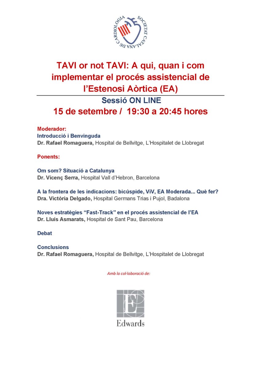 Societat Catalana de Cardiologia (@catcardio) on Twitter photo Ja tens apuntat a l'agenda la sessió online d'aquest dijous?
"TAVI or not TAVI: A qui, quan i com implementar el procés assistencial de l’Estenosi Aòrtica (EA)"
📅 15/09 | 19:30 h
Amb professionals de <a href="/vallhebron/">Vall d'Hebron</a> <a href="/hgermanstrias/">Hosp. Germans Trias</a> <a href="/HospitalSantPau/">Sant Pau - Campus Salut Barcelona</a> i <a href="/hbellvitge/">Hospital Universitari Bellvitge | HUB</a> Ja tens apuntat a l'agenda la sessió online d'aquest dijous?
"TAVI or not TAVI: A qui, quan i com implementar el procés assistencial de l’Estenosi Aòrtica (EA)"
📅 15/09 | 19:30 h
Amb professionals de <a href="/vallhebron/">Vall d'Hebron</a> <a href="/hgermanstrias/">Hosp. Germans Trias</a> <a href="/HospitalSantPau/">Sant Pau - Campus Salut Barcelona</a> i <a href="/hbellvitge/">Hospital Universitari Bellvitge | HUB</a>