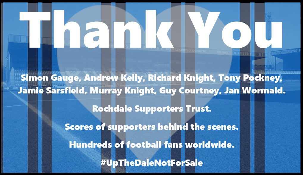 On behalf of all of our fans, from the bottom of our hearts we are truly grateful for all the hardwork, determination and effort each and everyone of you have put in over the past 15 months. 

Our Rochdale.
Thankyou.

#UpTheDaleNotForSale 

@officiallydale