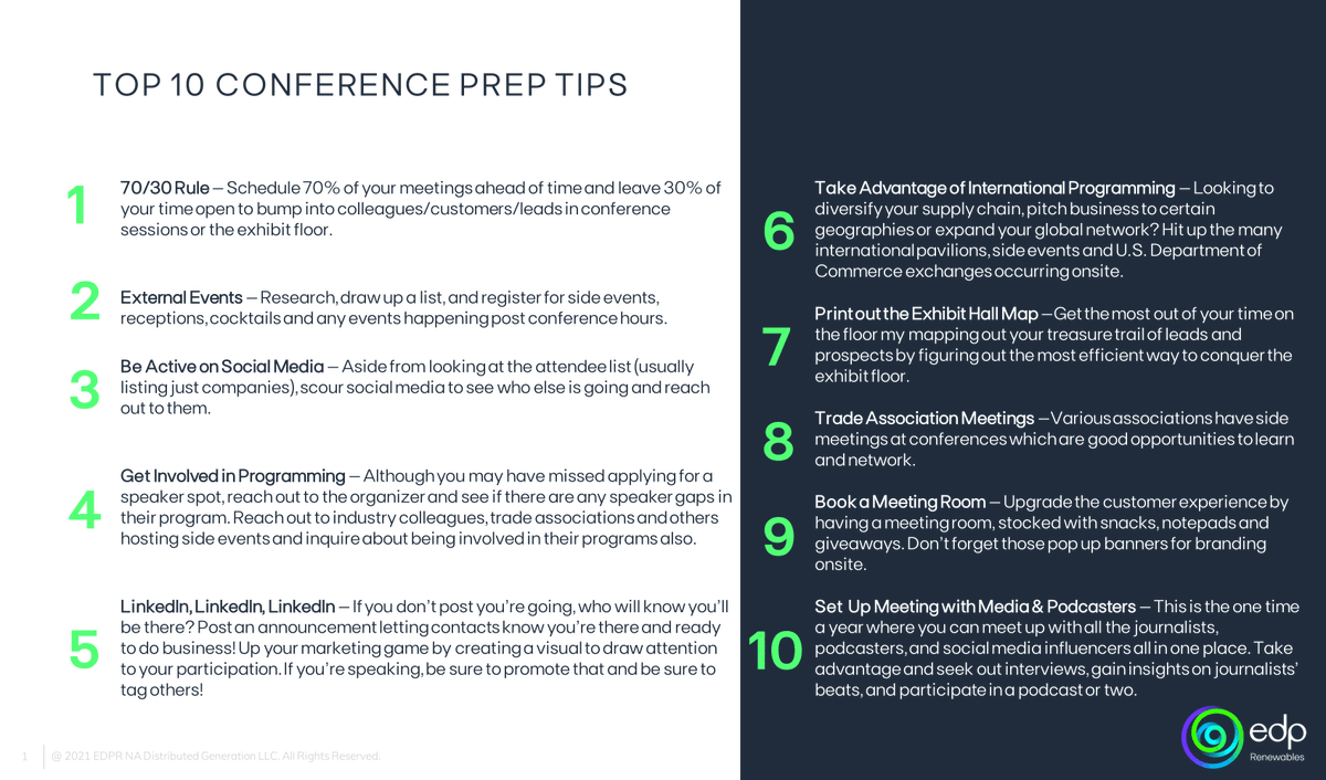 mysuncast's tweet photo. Check out the episode here! https://t.co/vM2vZnvcsA
Check out this graphic from @EdpRenewables about some top #conferenceprep tips! https://t.co/MwYb2uLFm0