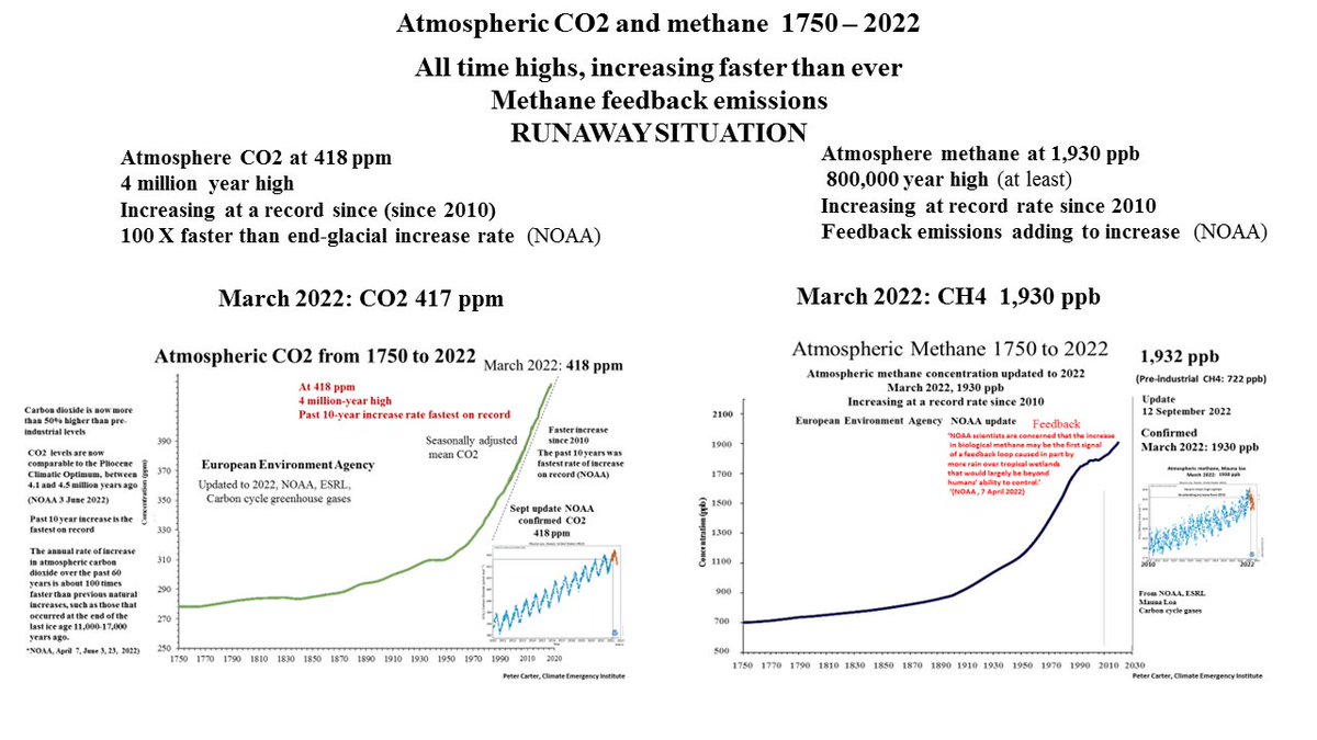 PCarterClimate's tweet photo. CO2 &amp; METHANE RECORD HIGHS &amp; INCREASE RATES
RUNAWAY SITUATION
Atmospheric CO2  Methane 1750 to 2022.   
Level both at record highs, record rates of increase. CO2 has increased 50%, methane by factor of 2.6.  
#climatechange #climaterunaway  #global warming #climatefeedback https://t.co/qUptT6BiHN