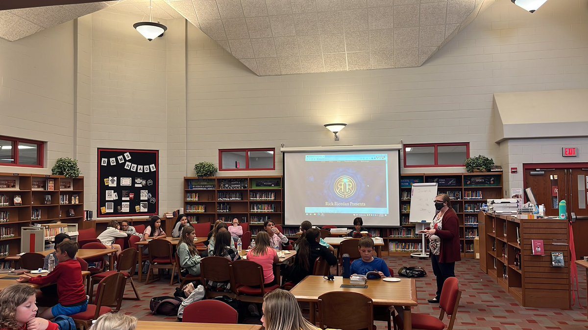 MrsFallis's tweet photo. So excited to be back with @WCDPL and Cassie Greenlee for Pizza and Pages! @rickriordan our first theme was books from Rick Riordan presents- they loved them! https://t.co/pOlAgazc1I