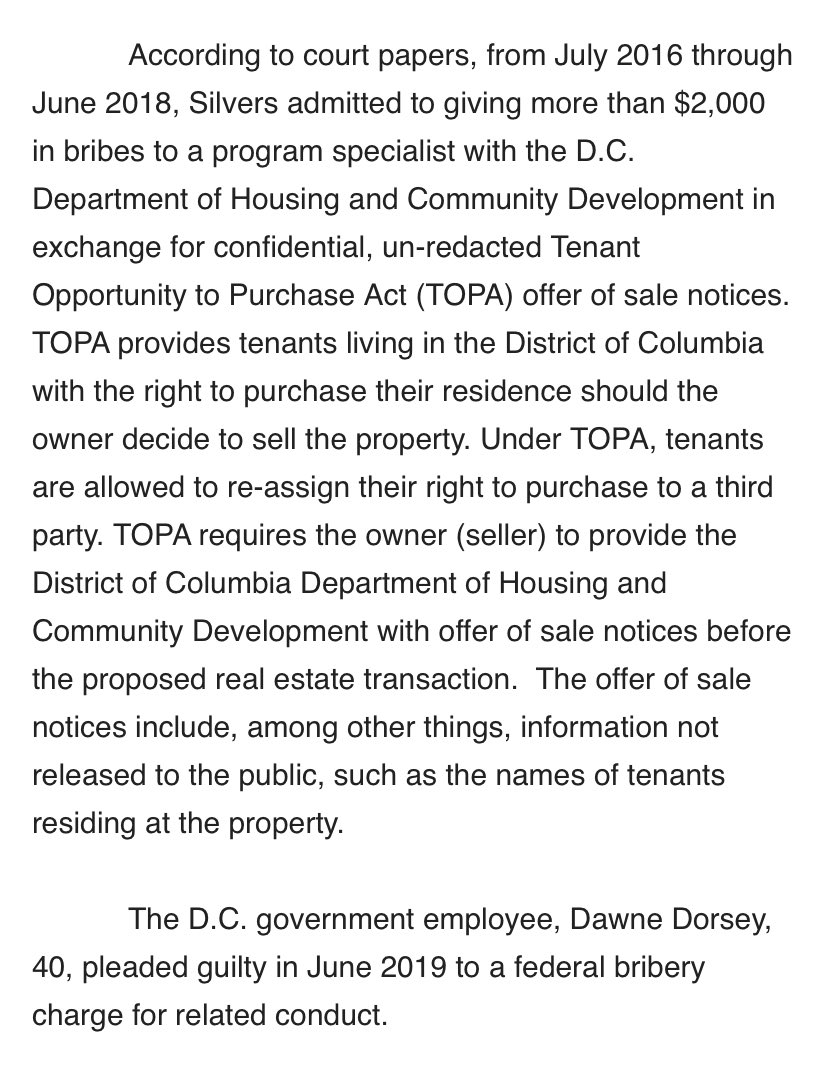 Martin Austermuhle (@maustermuhle) on Twitter photo D.C. property manager Frederick Silvers has pleaded guilty to bribing a <a href="/DCDHCD/">DC Department of Housing and Community Development</a> employee to get un-redacted TOPA offers of sale notices. These are notices to tenants that their building may be sold, and gives them the chance to purchase the building. D.C. property manager Frederick Silvers has pleaded guilty to bribing a <a href="/DCDHCD/">DC Department of Housing and Community Development</a> employee to get un-redacted TOPA offers of sale notices. These are notices to tenants that their building may be sold, and gives them the chance to purchase the building.