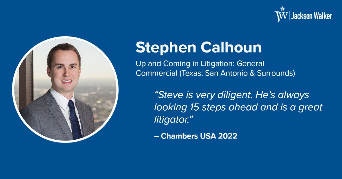 LitigationAlert's tweet photo. Congratulations, Stephen Calhoun! https://t.co/W4npBOb6uP

Stephen has a growing reputation for his adept handling of complex commercial disputes. 
🔗 https://t.co/EcXh9n2Eru

#Chambers2022 #litigation #SanAntonio #Texas #JWLitigation https://t.co/5LjPXLEEp8