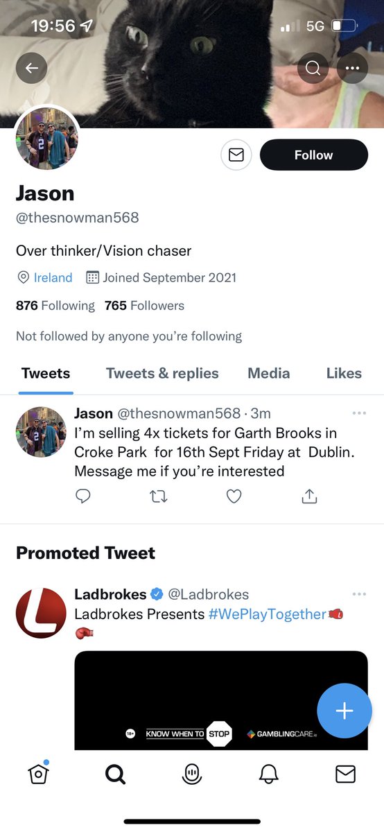 SeanB9289's tweet photo. Do not buy @garthbrooks tickets from this scammer, ask you for half the money and then blocks you #GarthBrooksDublin #GarthBrooksTickets #garthbrooksireland https://t.co/9iNr4IsGoE