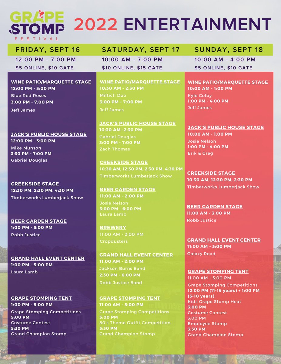 GRAPE STOMP 2022 IS GOING TO BE THE BEST ONE YET! Check out our 2022 entertainment schedule and make your plans to come see us at Minnesota's largest wine festival this weekend.

GET TICKETS: lnkd.in/gE75KApf

#ccwgrapestomp #mnfestival #mn #grapestomp #exploremn