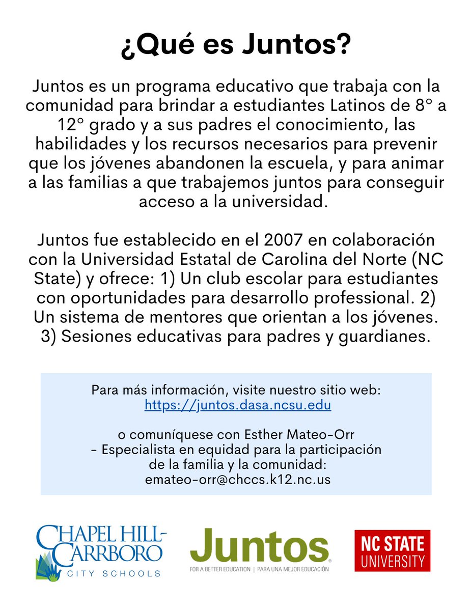 The Juntos program, about supporting your student to graduate and attend college, is conducted exclusively in Spanish: