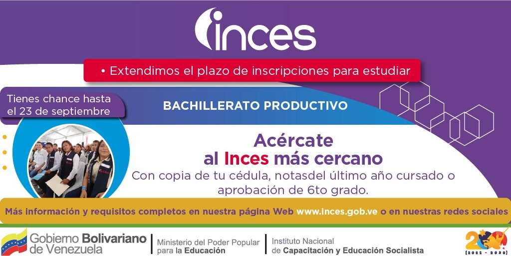 IncesAragua3's tweet photo. #13Sep Culmina tu Bachillerato con nosotros. Recuerda traer: Copia de la Cédula de Identidad, Notas del último año de estudios cursado o aprobación del 6to grado y Copia de Partida de nacimiento. #FórmateEnElInces nuestra misión de vida es #FormarProduciendo y #ProducirFormando https://t.co/zhYVe2O6RD
