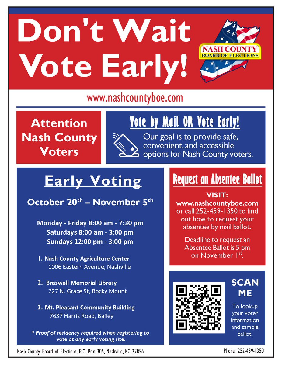 Early voting schedule just added to our website.  nashcountyboe.com