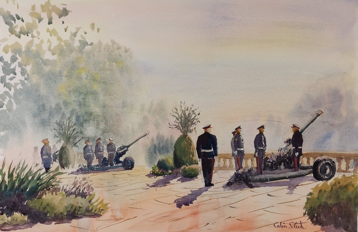 Guns Salute Our King in Northern Ireland. 
15 x 22 inches watercolour on 140lb watercolour paper. 
#colinsteedart #Hillsboroughcastle