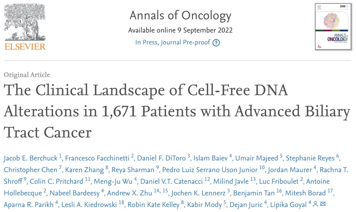 1/ 🚨Excited to share our 🆕 publication in Annals of Oncology: The clinical landscape of cell-free DNA alterations in 1,671 patients with advanced biliary tract cancer doi.org/10.1016/j.anno… 🧵👇