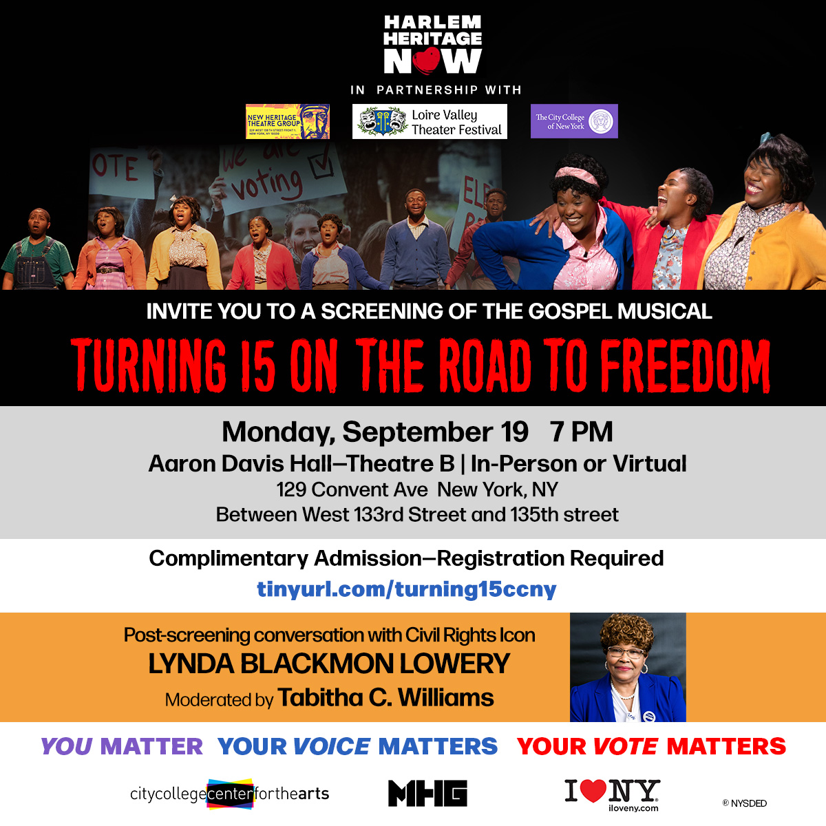 Join Amy Sprecher (MPA '22) in Aaron Davis Hall (in-person or virtual) for a screening of the musical about Lynda Blackmon, the youngest 1965 civil rights marcher, followed by a conversation with Blackmon herself! eventbrite.com/e/turning-15-o…