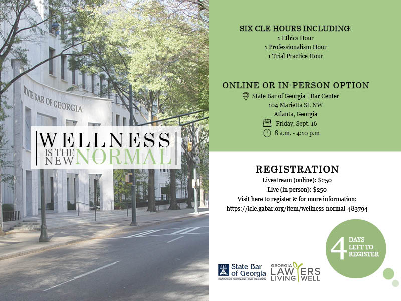 Earn 6 CLE credits at Friday's Wellness is the New Normal CLE focused on normalizing wellness through discussion, connection and intentionality of our membership's well-being in the practice of law. Register at icle.gabar.org/item/wellness-….  #LawyersLivingWell