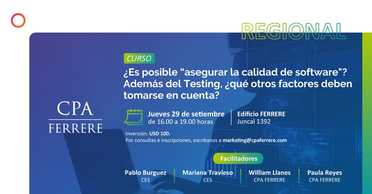Los invitamos al curso: 👩🏼‍💻¿Es posible “asegurar la calidad de #software"? Además del #Testing, ¿qué otros factores deben tomarse en cuenta?👨‍💻

Dirigido a empresas que tienen en sus planes iniciativas asociadas a la implementación de sistemas. 

Más info👉bit.ly/3RX2f6d