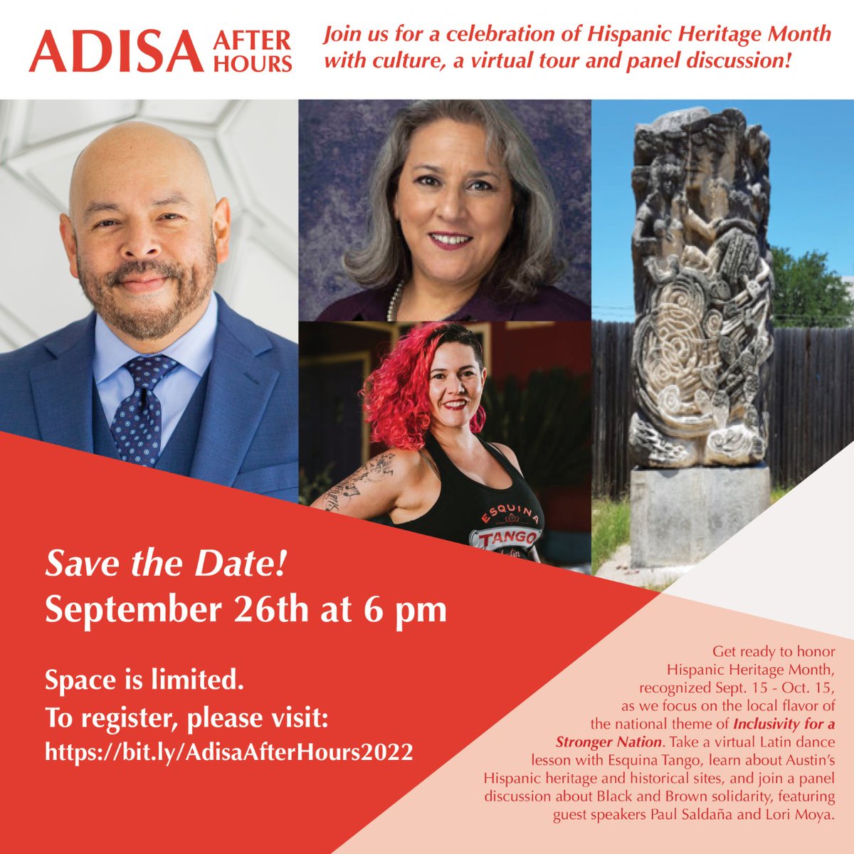 You are cordially invited to a fun, informative evening highlighting the rich, diverse Latino culture and community in Austin, Texas – from dance to art to politics. CLICK TO REGISTER: bit.ly/AdisaAfterHour…