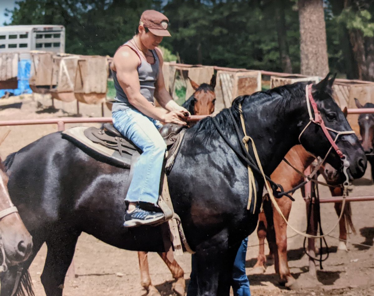 JFuSneeZ's tweet photo. Hi, all! No stream for a few days, I've been in the wrong headspace this week. Instead, enjoy an old picture of me on a horse! Believe it or not, I was overcoming a childhood trauma! https://t.co/t0EVMKGU28