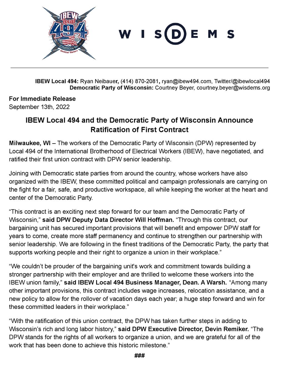 ibewlocal494's tweet photo. The workers represented by @ibewlocal494 and @WisDems have negotiated and ratified their first union contract.
--
#IBEW #IBEW494 #IBEWstrong #UnionStrong #DemocraticParty #WisDems #FirstContract #UnionOrganizing #WIunion #UnionProud #UnionYes #Solidarity https://t.co/aJRKP4QaU4