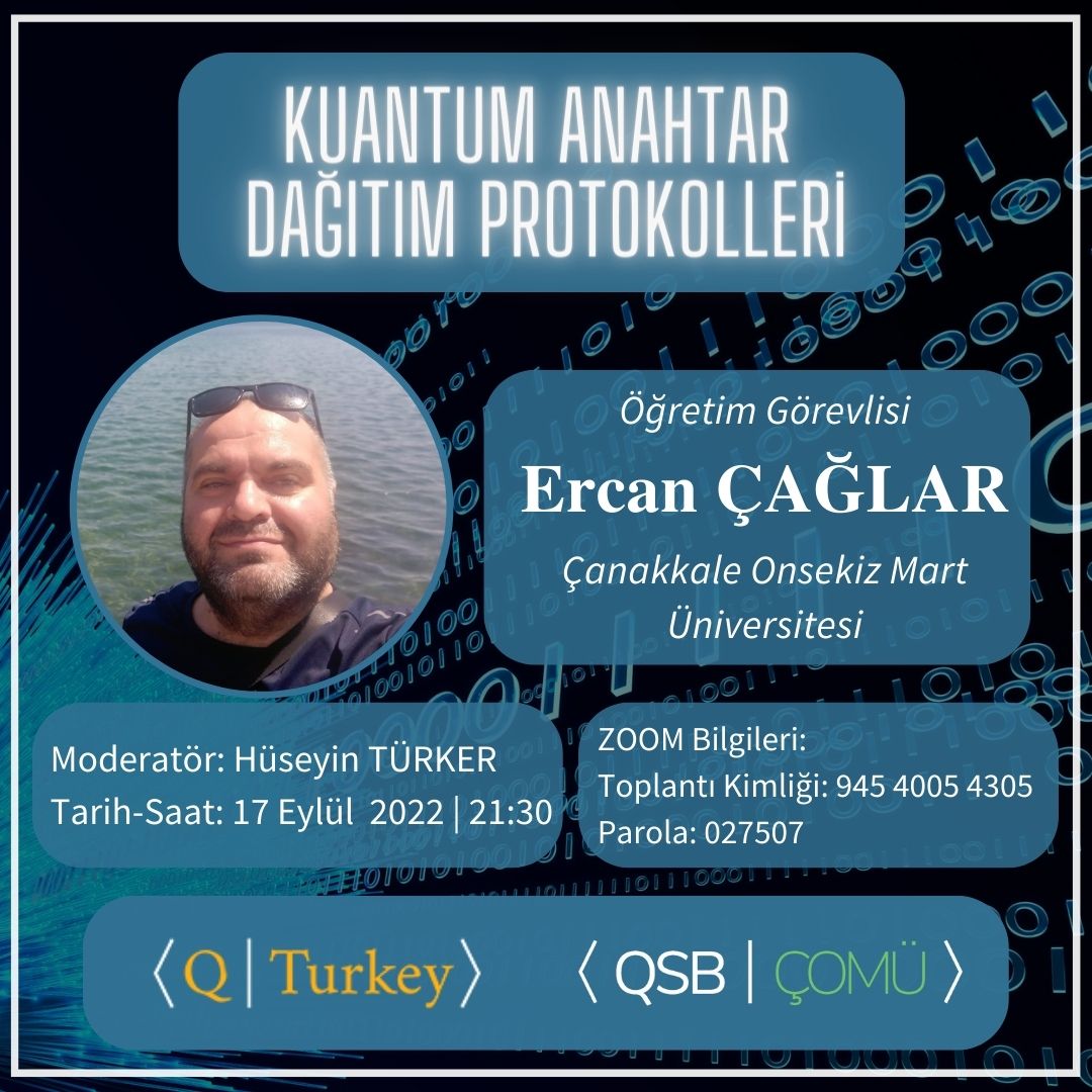 ÇOMÜ (Çanakkale Onsekiz Mart Üniversitesi) QSB topluğunun yeni öğretim dönemindeki ilk semineri, Ercan Çağlar tarafından "Kuantum Anahtar Dağıtım Protokolleri" üzerine yapılacaktır. <a href="/ComuQsb/">QSB COMU</a>