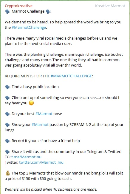 Crypto_Crayak's tweet photo. A #Crypto coin starting a new #viral trend?! #MarmotInu $MMINU @Marmot_Inu is starting the #MarmotChallenge! 

This is one way to get noticed!! First ive ever seen to try it. 

#memecoin #memecoins #BNB #BSC #doge #CheemsInu #floki @1goonrich @cz_binance https://t.co/EZzUbToPAn