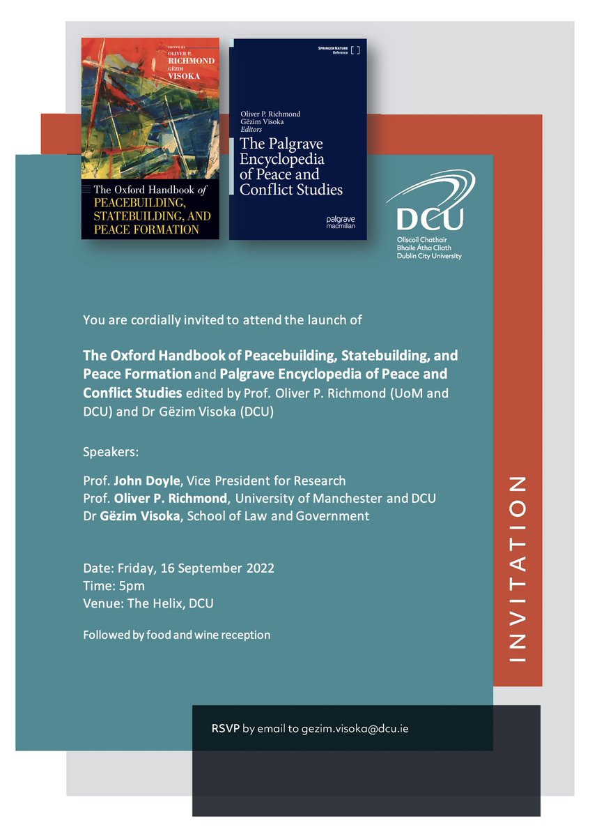 John Doyle (@johndoyledcu) on Twitter photo First book launch to host as Vice President for Research could not be better. 2 superb collections from Oliver Richmond (U. Manchester & <a href="/DCU/">Dublin City University</a> ) with <a href="/GezimVisoka/">Gëzim Visoka</a> of <a href="/LawGovDCU/">Law and Gov DCU</a> & @IICRR . A huge contribution to peace research. Join us in the Helix <a href="/DCU/">Dublin City University</a> Friday 16 Sept at 5pm First book launch to host as Vice President for Research could not be better. 2 superb collections from Oliver Richmond (U. Manchester & <a href="/DCU/">Dublin City University</a> ) with <a href="/GezimVisoka/">Gëzim Visoka</a> of <a href="/LawGovDCU/">Law and Gov DCU</a> & @IICRR . A huge contribution to peace research. Join us in the Helix <a href="/DCU/">Dublin City University</a> Friday 16 Sept at 5pm