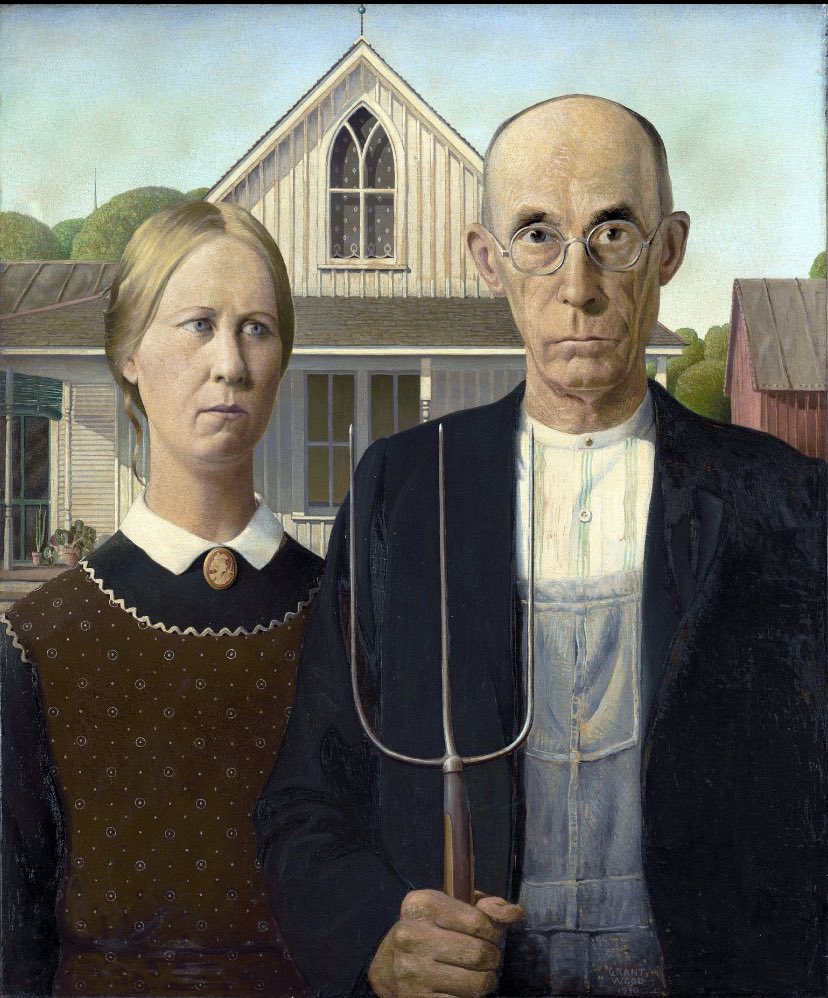 TheGaze_'s tweet photo. I played around with DALL-E to create the surroundings of American Gothic by Grant Wood. It’s… special. https://t.co/4doPl6F4a3