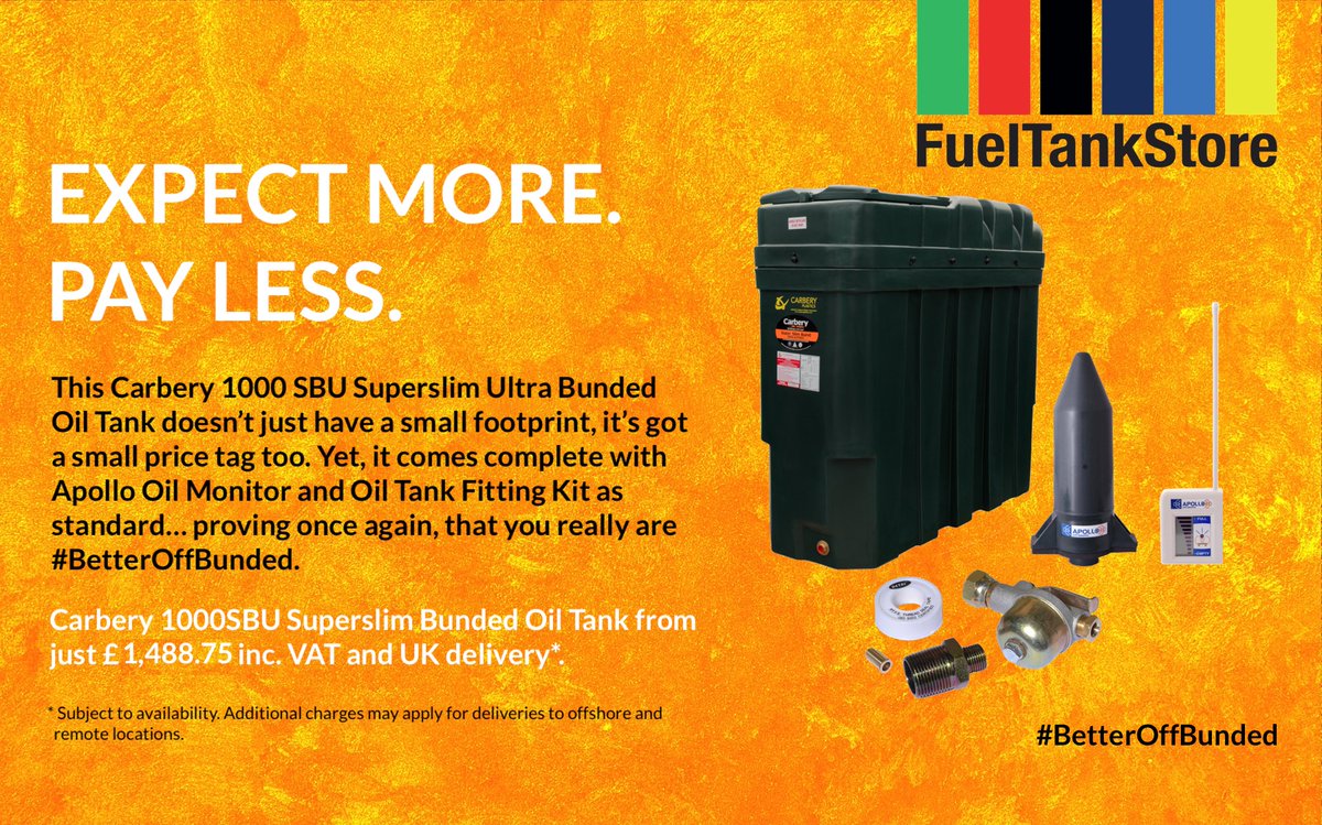 This 1,000 litres <a href="/carberyplastics/">Carbery Plastics</a> 1000SBU Slimline Ultra Bunded Oil Tank is a Fuel Tank Store favourite. Especially compact, to store more oil in less space, it comes with Apollo Oil Monitor and Fitting Kit. Ineterested? Buy online at fueltank.store/1-000-litres-b… #BetterOffBunded