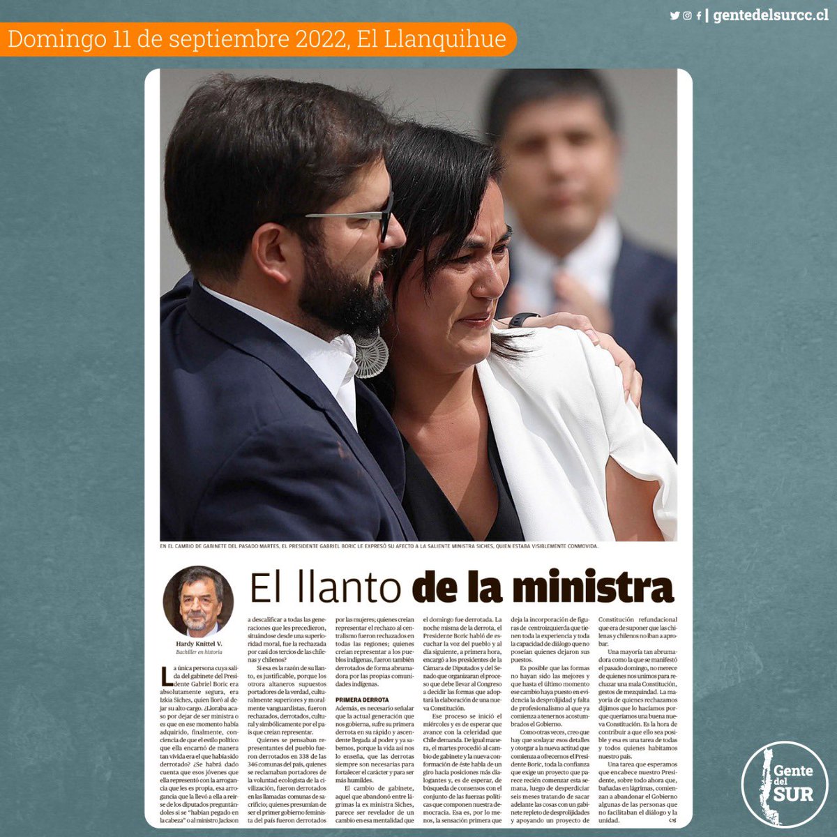 Columna Diario El Llanquihue, Hardy Knittel.
🗞 “El llanto de la Presidenta”: quienes presumían de ser el primer gobierno feminista del país fueron derrotados por las mujeres; quienes creían representar a los pueblos indígenas, fueron derrotados por las estas comunidades.