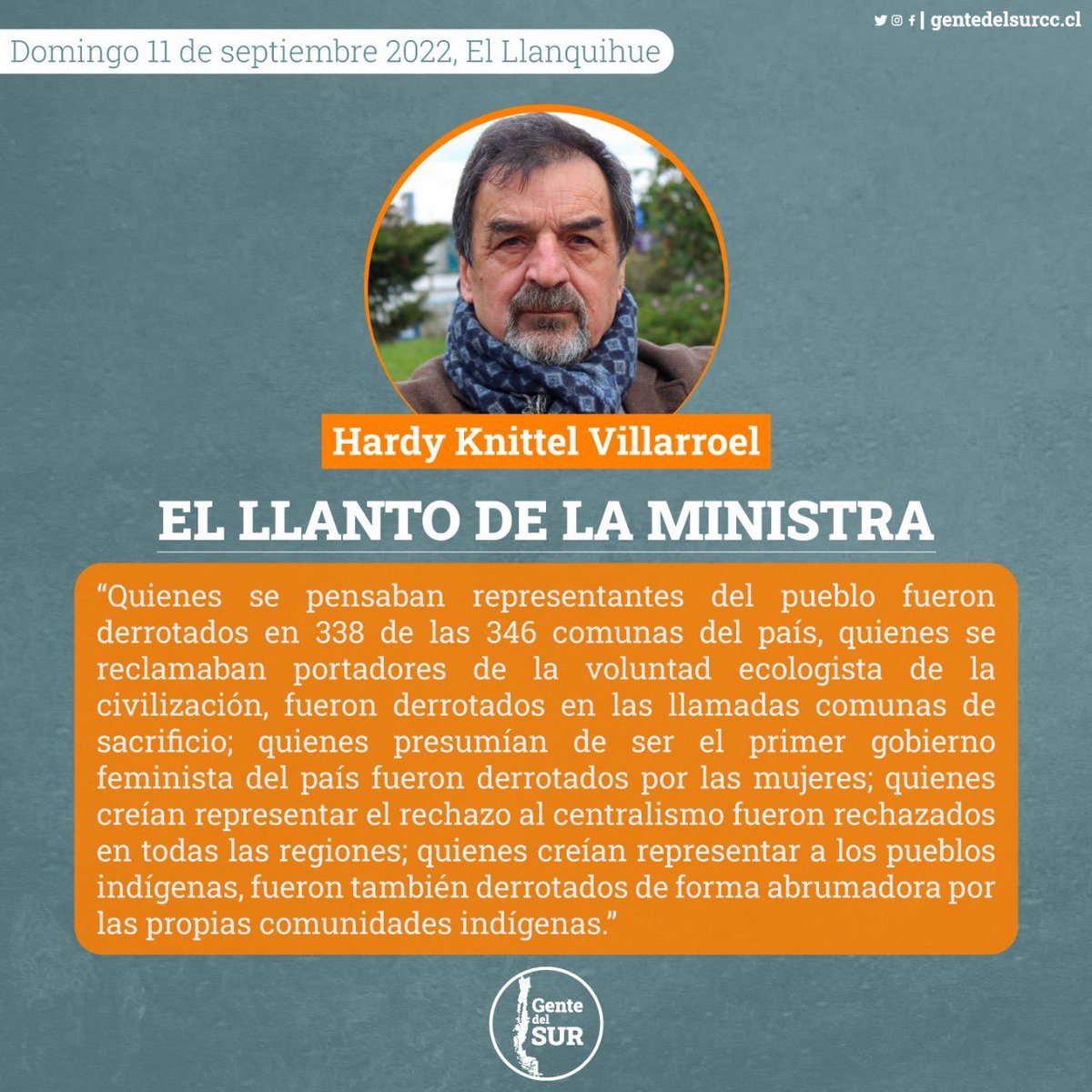 gentedelsur2022's tweet photo. Columna Diario El Llanquihue, Hardy Knittel.
🗞 “El llanto de la Presidenta”: quienes presumían de ser el primer gobierno feminista del país fueron derrotados por las mujeres; quienes creían representar a los pueblos indígenas, fueron derrotados por las estas comunidades. https://t.co/gkrhVD2VS8