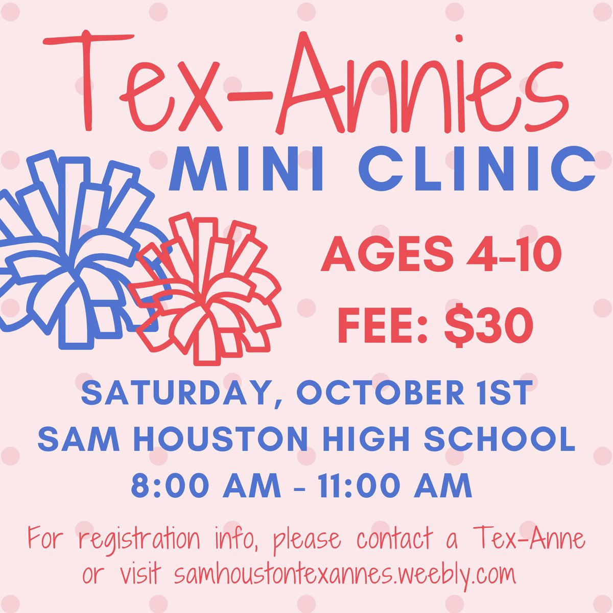 CALLING ALL FUTURE TEX-ANNES!
We’d love for you to join us for a halftime performance on October 7th at the SHHS v. Lamar varsity football game! For more registration details, click on the “Mini Clinic” tab on our website. We can’t wait to dance with you soon! 🥰