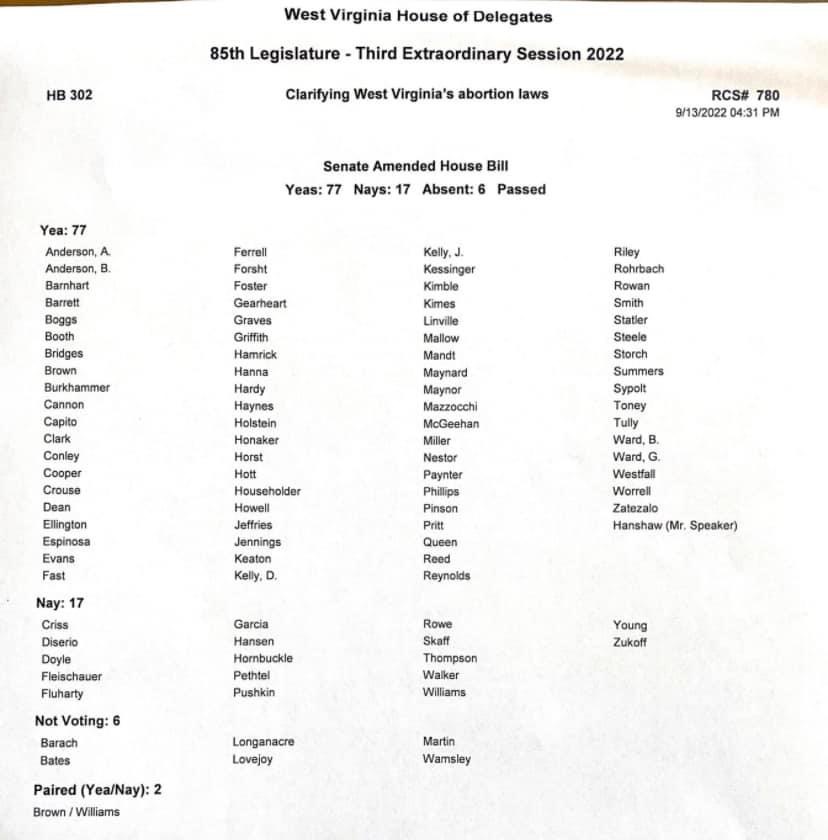 WVFDW's tweet photo. The WV House of Delegates voted to ban abortions today. Those that voted Yes showed their distrust of women. #Roemember https://t.co/lx4mjieO9L