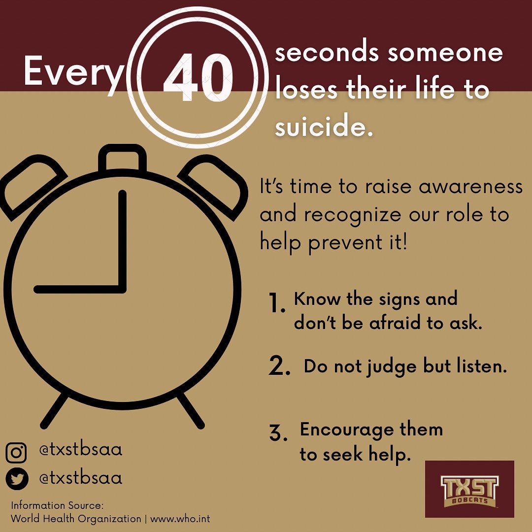 September is suicide prevention month ! 

Mental health matters and student-athletes naturally have a stereotype of being “stronger” than the average person. 

We are people too. 

Be kind to the ones around you because you never know what someone is going through.