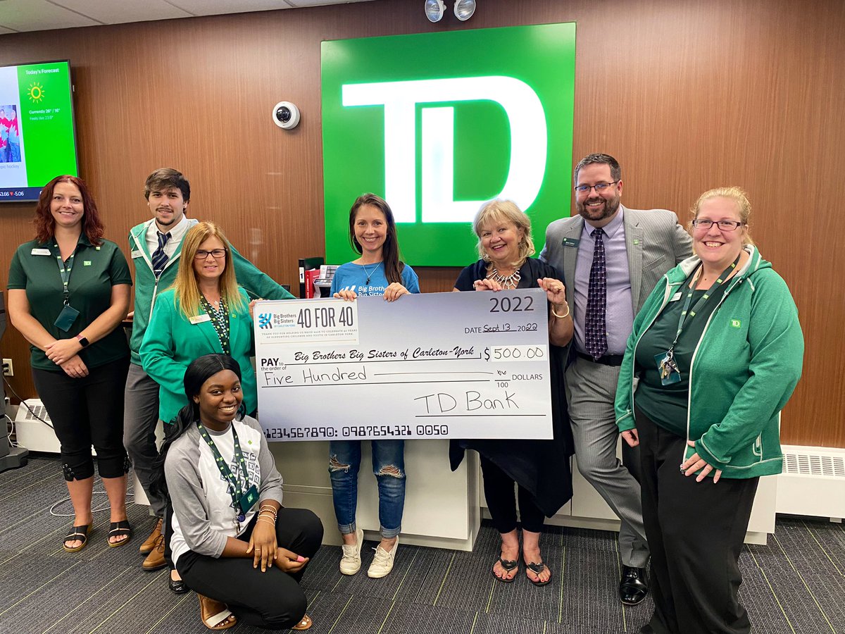 Wonderful to support Big Brothers Big Sisters Canada with a donation to our local chapter in #Woodstock NB. Thank you for the amazing work you do in our community! #TD #community #mentorship