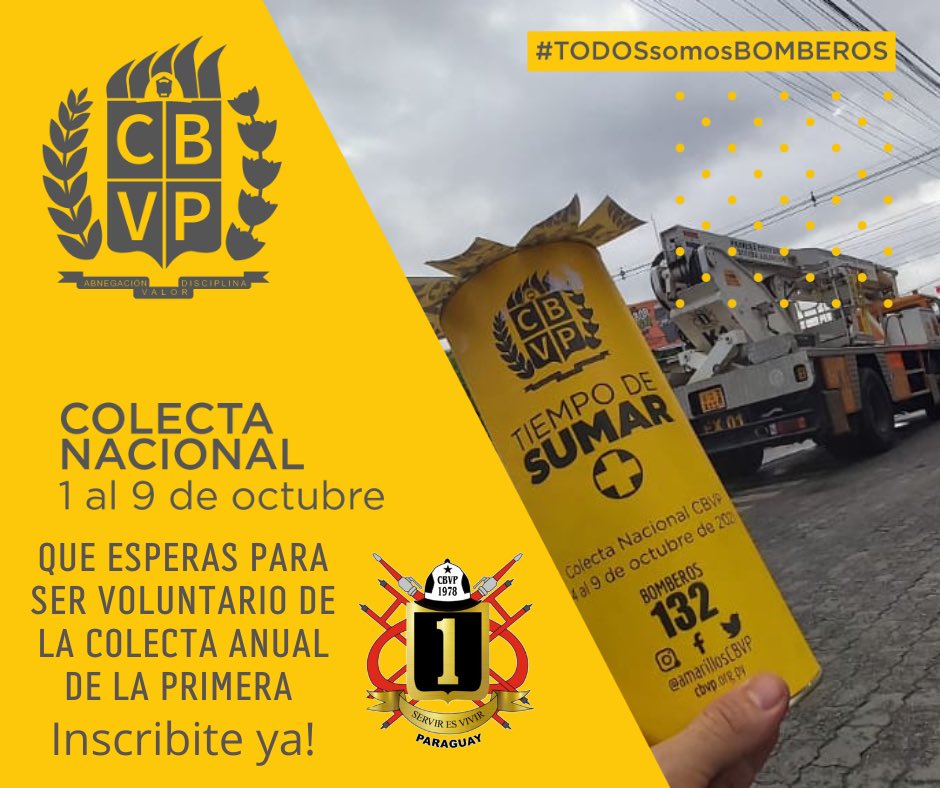 🚨URGENTE🚨
Colecta Anual del #CBVP del 01 al 09 de Octubre te esperamos para que formes parte de esta gran fiesta solidaria.
#TODOSsomosBOMBEROS
Inscribite ingresando a este link completando el forms:

bit.ly/3dcJdJC 

O escribinos al: (0976) 756-824.

#SomosK1
