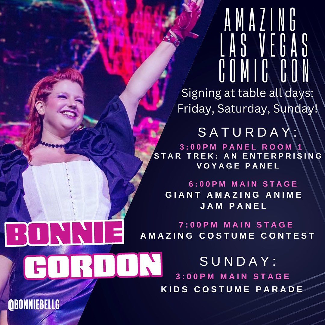 Bonnie Gordon🖖🏼 (@bonniebellg) on Twitter photo Time to rev up for Las Vegas <a href="/AmazingComicCon/">AMAZING COMIC CON</a> 🎉
I’ll be signing & selling merch at my table all weekend - and of course participating in panels and hosting the Cosplay Contest!
Come out for a great time!
#amazinglasvegascomiccon #ConLife #AmazingLasVegas #panels #hosting Time to rev up for Las Vegas <a href="/AmazingComicCon/">AMAZING COMIC CON</a> 🎉
I’ll be signing & selling merch at my table all weekend - and of course participating in panels and hosting the Cosplay Contest!
Come out for a great time!
#amazinglasvegascomiccon #ConLife #AmazingLasVegas #panels #hosting