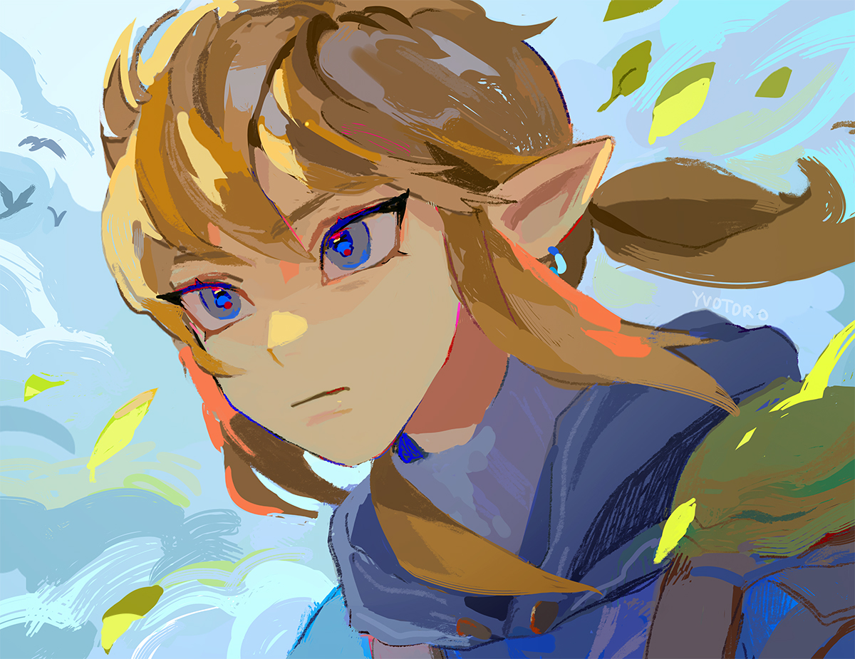 link 1boy male focus pointy ears blue eyes blonde hair solo earrings  illustration images